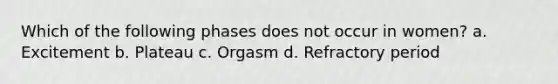 Which of the following phases does not occur in women? a. Excitement b. Plateau c. Orgasm d. Refractory period