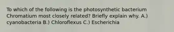 To which of the following is the photosynthetic bacterium Chromatium most closely related? Briefly explain why. A.) cyanobacteria B.) Chloroflexus C.) Escherichia