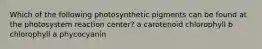 Which of the following photosynthetic pigments can be found at the photosystem reaction center? a carotenoid chlorophyll b chlorophyll a phycocyanin