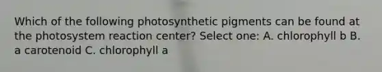 Which of the following photosynthetic pigments can be found at the photosystem reaction center? Select one: A. chlorophyll b B. a carotenoid C. chlorophyll a