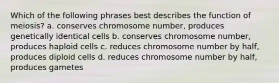 Which of the following phrases best describes the function of meiosis? a. conserves chromosome number, produces genetically identical cells b. conserves chromosome number, produces haploid cells c. reduces chromosome number by half, produces diploid cells d. reduces chromosome number by half, produces gametes