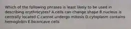 Which of the following phrases is least likely to be used in describing erythrocytes? A.cells can change shape B.nucleus is centrally located C.cannot undergo mitosis D.cytoplasm contains hemoglobin E.biconcave cells