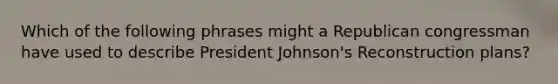 Which of the following phrases might a Republican congressman have used to describe President Johnson's Reconstruction plans?