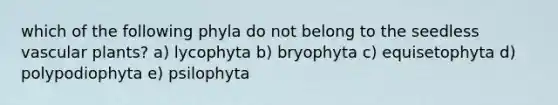 which of the following phyla do not belong to the seedless vascular plants? a) lycophyta b) bryophyta c) equisetophyta d) polypodiophyta e) psilophyta