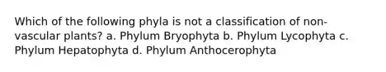 Which of the following phyla is not a classification of non-vascular plants? a. Phylum Bryophyta b. Phylum Lycophyta c. Phylum Hepatophyta d. Phylum Anthocerophyta