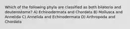 Which of the following phyla are classified as both bilateria and deuterostome? A) Echinodermata and Chordata B) Mollusca and Annelida C) Annelida and Echinodermata D) Arthropoda and Chordata