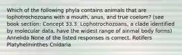 Which of the following phyla contains animals that are lophotrochozoans with a mouth, anus, and true coelom? (see book section: Concept 33.3: Lophotrochozoans, a clade identified by molecular data, have the widest range of ainmal body forms) Annelida None of the listed responses is correct. Rotifers Platyhelminthes Cnidaria