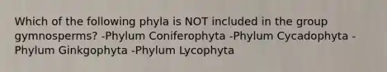 Which of the following phyla is NOT included in the group gymnosperms? -Phylum Coniferophyta -Phylum Cycadophyta -Phylum Ginkgophyta -Phylum Lycophyta