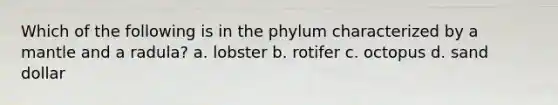 Which of the following is in the phylum characterized by a mantle and a radula? a. lobster b. rotifer c. octopus d. sand dollar