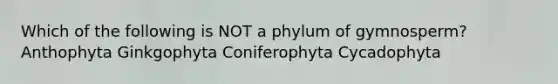 Which of the following is NOT a phylum of gymnosperm? Anthophyta Ginkgophyta Coniferophyta Cycadophyta