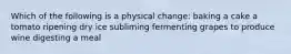 Which of the following is a physical change: baking a cake a tomato ripening dry ice subliming fermenting grapes to produce wine digesting a meal