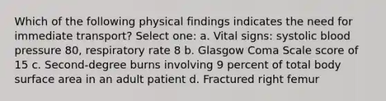 Which of the following physical findings indicates the need for immediate transport? Select one: a. Vital signs: systolic blood pressure 80, respiratory rate 8 b. Glasgow Coma Scale score of 15 c. Second-degree burns involving 9 percent of total body surface area in an adult patient d. Fractured right femur