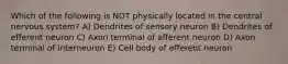 Which of the following is NOT physically located in the central nervous system? A) Dendrites of sensory neuron B) Dendrites of efferent neuron C) Axon terminal of afferent neuron D) Axon terminal of interneuron E) Cell body of efferent neuron