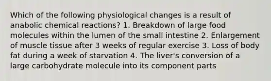 Which of the following physiological changes is a result of anabolic chemical reactions? 1. Breakdown of large food molecules within the lumen of the small intestine 2. Enlargement of muscle tissue after 3 weeks of regular exercise 3. Loss of body fat during a week of starvation 4. The liver's conversion of a large carbohydrate molecule into its component parts