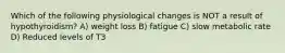 Which of the following physiological changes is NOT a result of hypothyroidism? A) weight loss B) fatigue C) slow metabolic rate D) Reduced levels of T3