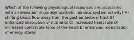 Which of the following physiological responses are associated with an elevation in parasympathetic nervous system activity? A) shifting blood flow away from the gastrointestinal tract B) enhanced absorption of nutrients C) increased heart rate D) increased contractile force of the heart E) enhanced mobilization of energy stores