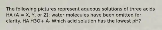 The following pictures represent aqueous solutions of three acids HA (A = X, Y, or Z); water molecules have been omitted for clarity. HA H3O+ A- Which acid solution has the lowest pH?