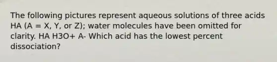 The following pictures represent aqueous solutions of three acids HA (A = X, Y, or Z); water molecules have been omitted for clarity. HA H3O+ A- Which acid has the lowest percent dissociation?