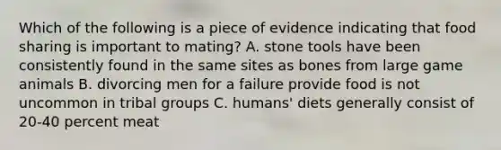 Which of the following is a piece of evidence indicating that food sharing is important to mating? A. stone tools have been consistently found in the same sites as bones from large game animals B. divorcing men for a failure provide food is not uncommon in tribal groups C. humans' diets generally consist of 20-40 percent meat