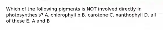 Which of the following pigments is NOT involved directly in photosynthesis? A. chlorophyll b B. carotene C. xanthophyll D. all of these E. A and B