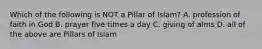 Which of the following is NOT a Pillar of Islam? A. profession of faith in God B. prayer five times a day C. giving of alms D. all of the above are Pillars of Islam