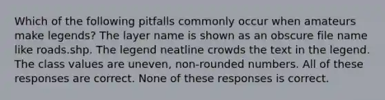 Which of the following pitfalls commonly occur when amateurs make legends? The layer name is shown as an obscure file name like roads.shp. The legend neatline crowds the text in the legend. The class values are uneven, non-rounded numbers. All of these responses are correct. None of these responses is correct.