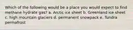 Which of the following would be a place you would expect to find methane hydrate gas? a. Arctic ice sheet b. Greenland ice sheet c. high mountain glaciers d. permanent snowpack e. Tundra permafrost