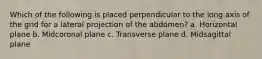 Which of the following is placed perpendicular to the long axis of the grid for a lateral projection of the abdomen? a. Horizontal plane b. Midcoronal plane c. Transverse plane d. Midsagittal plane