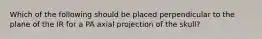 Which of the following should be placed perpendicular to the plane of the IR for a PA axial projection of the skull?