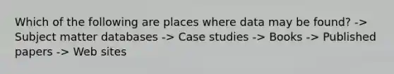 Which of the following are places where data may be found? -> Subject matter databases -> Case studies -> Books -> Published papers -> Web sites