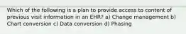 Which of the following is a plan to provide access to content of previous visit information in an EHR? a) Change management b) Chart conversion c) Data conversion d) Phasing