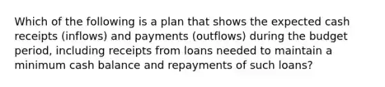 Which of the following is a plan that shows the expected cash receipts (inflows) and payments (outflows) during the budget period, including receipts from loans needed to maintain a minimum cash balance and repayments of such loans?