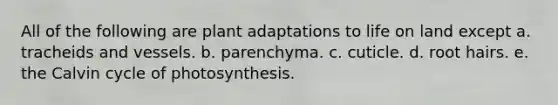 All of the following are plant adaptations to <a href='https://www.questionai.com/knowledge/k9VzeMAjx8-life-on-land' class='anchor-knowledge'>life on land</a> except a. tracheids and vessels. b. parenchyma. c. cuticle. d. root hairs. e. the Calvin cycle of photosynthesis.