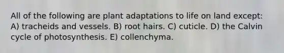 All of the following are plant adaptations to life on land except: A) tracheids and vessels. B) root hairs. C) cuticle. D) the Calvin cycle of photosynthesis. E) collenchyma.