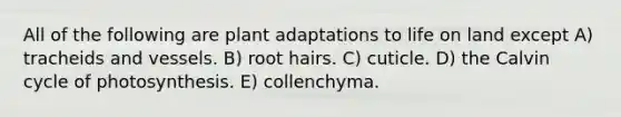 All of the following are plant adaptations to life on land except A) tracheids and vessels. B) root hairs. C) cuticle. D) the Calvin cycle of photosynthesis. E) collenchyma.