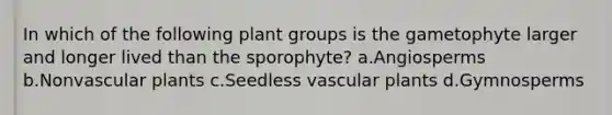 In which of the following plant groups is the gametophyte larger and longer lived than the sporophyte? a.Angiosperms b.Non<a href='https://www.questionai.com/knowledge/kbaUXKuBoK-vascular-plants' class='anchor-knowledge'>vascular plants</a> c.Seedless vascular plants d.Gymnosperms