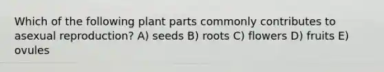 Which of the following plant parts commonly contributes to asexual reproduction? A) seeds B) roots C) flowers D) fruits E) ovules