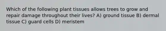 Which of the following plant tissues allows trees to grow and repair damage throughout their lives? A) <a href='https://www.questionai.com/knowledge/kb0kKBaH0H-ground-tissue' class='anchor-knowledge'>ground tissue</a> B) <a href='https://www.questionai.com/knowledge/kRKdINDJId-dermal-tissue' class='anchor-knowledge'>dermal tissue</a> C) guard cells D) meristem