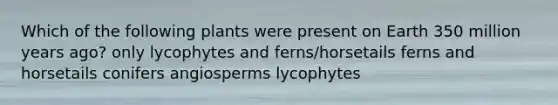 Which of the following plants were present on Earth 350 million years ago? only lycophytes and ferns/horsetails ferns and horsetails conifers angiosperms lycophytes