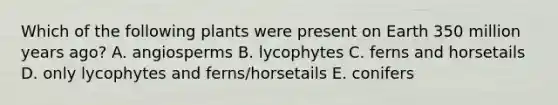 Which of the following plants were present on Earth 350 million years ago? A. angiosperms B. lycophytes C. ferns and horsetails D. only lycophytes and ferns/horsetails E. conifers