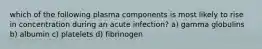 which of the following plasma components is most likely to rise in concentration during an acute infection? a) gamma globulins b) albumin c) platelets d) fibrinogen