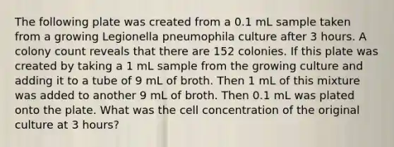 The following plate was created from a 0.1 mL sample taken from a growing Legionella pneumophila culture after 3 hours. A colony count reveals that there are 152 colonies. If this plate was created by taking a 1 mL sample from the growing culture and adding it to a tube of 9 mL of broth. Then 1 mL of this mixture was added to another 9 mL of broth. Then 0.1 mL was plated onto the plate. What was the cell concentration of the original culture at 3 hours?