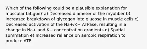 Which of the following could be a plausible explanation for muscular fatigue? a) Decreased diameter of the myofiber b) Increased breakdown of glycogen into glucose in muscle cells c) Decreased activation of the Na+/K+ ATPase, resulting in a change in Na+ and K+ concentration gradients d) Spatial summation e) Increased reliance on aerobic respiration to produce ATP