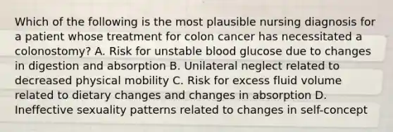 Which of the following is the most plausible nursing diagnosis for a patient whose treatment for colon cancer has necessitated a colonostomy? A. Risk for unstable blood glucose due to changes in digestion and absorption B. Unilateral neglect related to decreased physical mobility C. Risk for excess fluid volume related to dietary changes and changes in absorption D. Ineffective sexuality patterns related to changes in self-concept