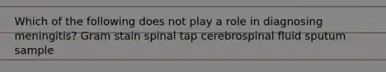 Which of the following does not play a role in diagnosing meningitis? Gram stain spinal tap cerebrospinal fluid sputum sample
