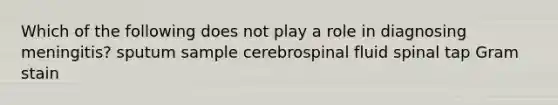 Which of the following does not play a role in diagnosing meningitis? sputum sample cerebrospinal fluid spinal tap Gram stain