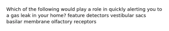 Which of the following would play a role in quickly alerting you to a gas leak in your home? feature detectors vestibular sacs basilar membrane olfactory receptors