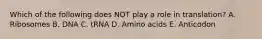 Which of the following does NOT play a role in translation? A. Ribosomes B. DNA C. tRNA D. Amino acids E. Anticodon