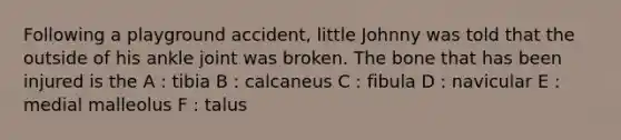 Following a playground accident, little Johnny was told that the outside of his ankle joint was broken. The bone that has been injured is the A : tibia B : calcaneus C : fibula D : navicular E : medial malleolus F : talus