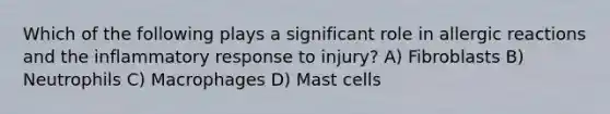 Which of the following plays a significant role in allergic reactions and the inflammatory response to injury? A) Fibroblasts B) Neutrophils C) Macrophages D) Mast cells